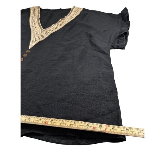 Black Shein Curve OXL V-Neck Tie-Front Blouse With Crochet Trim & Button Detail - Picture 11 of 11